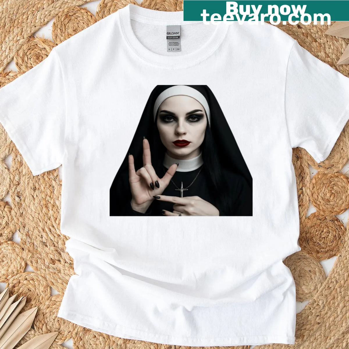 Goth nun illustration with Silent Blessings text on t-shirt — on a men's t-shirt
