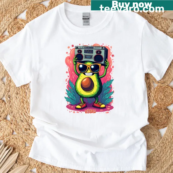 Whimsical avocado and vintage radio graphic on T-shirt