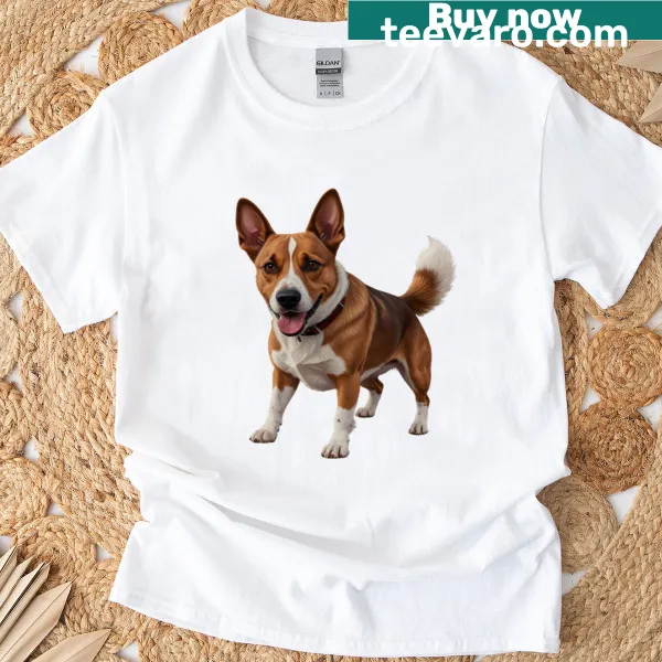 Graphic design featuring text 'Happiness Has Four Legs' with a dog