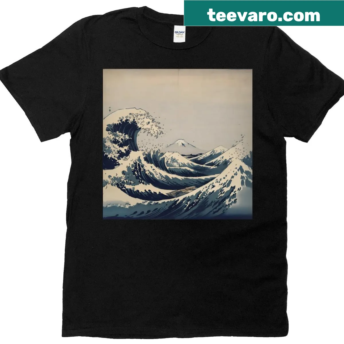 Hokusai-inspired T-shirt featuring wave and landscape illustration — on a men's t-shirt