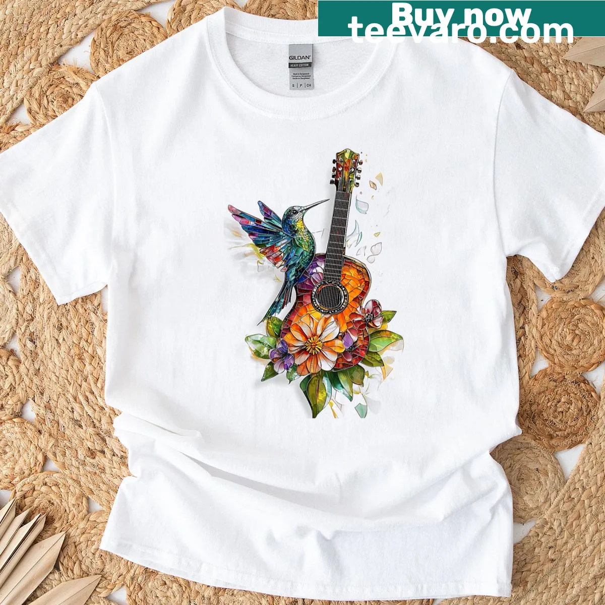 Illustration of a hummingbird and guitar with floral elements on T-shirt — on a men's t-shirt