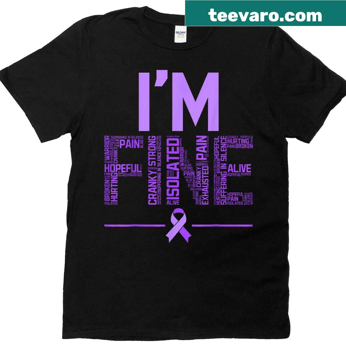 Purple ribbon t-shirt for lupus awareness with the phrase I'm Fine — on a men's t-shirt