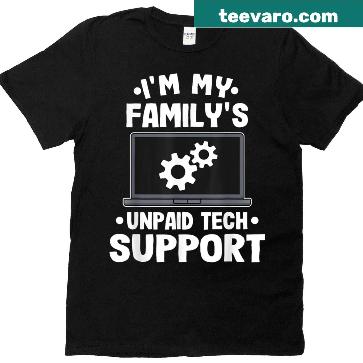 Funny t-shirt for tech support with humorous text about family help — on a men's t-shirt