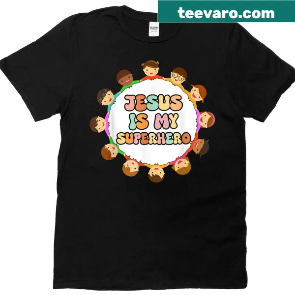 Toddler t-shirt with 'Jesus Is My Superhero' and playful illustrations