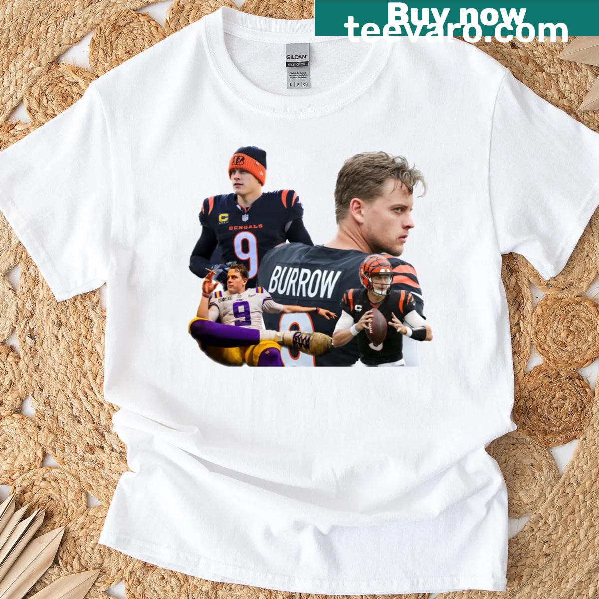 Joe Burrow T-shirt with his name displayed — on a men's t-shirt