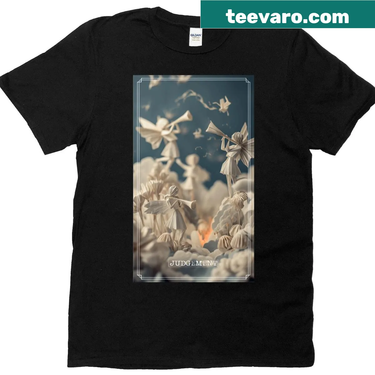 Minimalist Judgment tarot card design in origami style — on a men's t-shirt