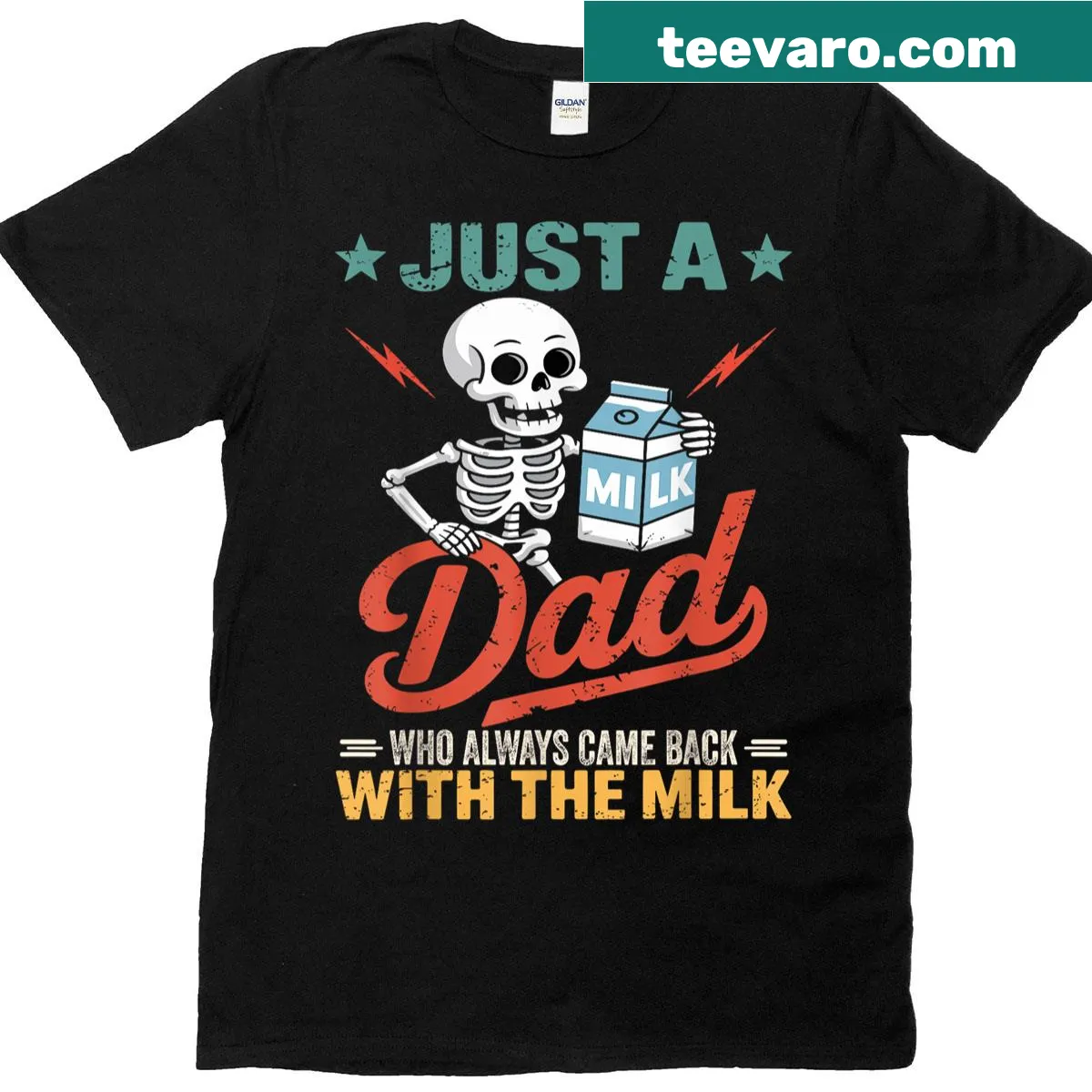 Funny dad t-shirt featuring the phrase: Just A Dad Who Always Came Back With The Milk — on a men's t-shirt