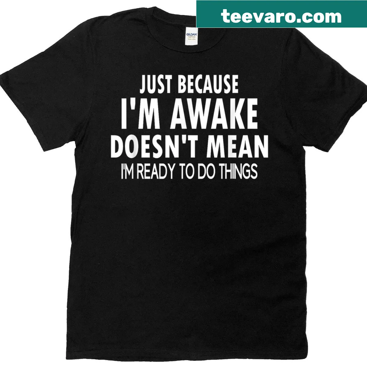 Funny text tee for tweens and teens about waking up. — on a men's t-shirt