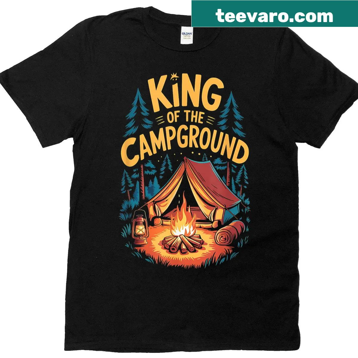 Funny camping t-shirt for dads with 'King of the Campground' slogan. — on a men's t-shirt