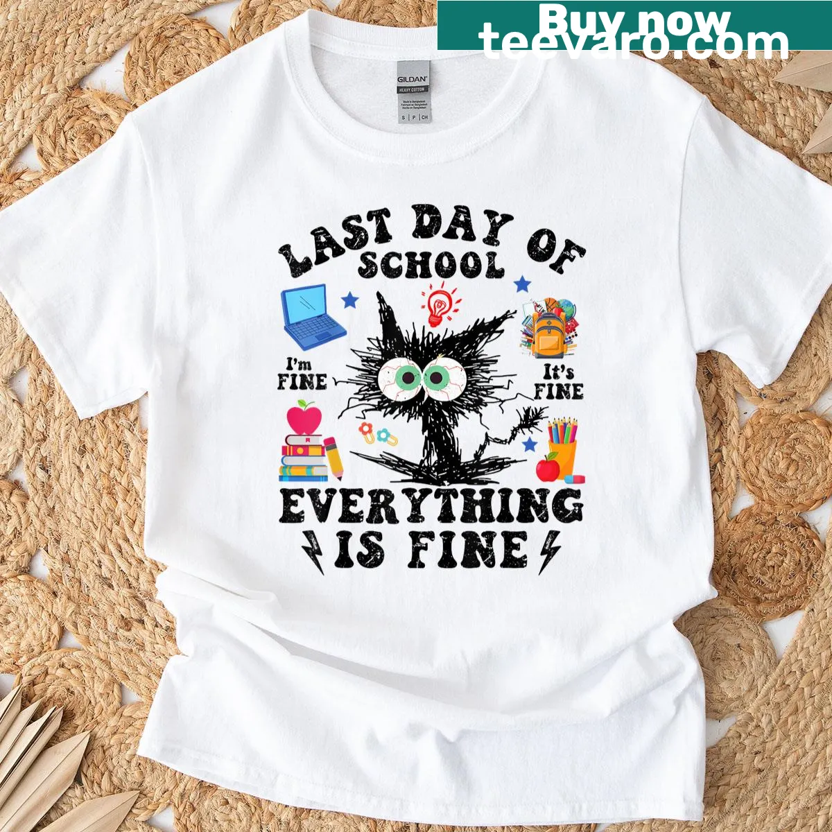 Funny cat t-shirt celebrating the last day of school with humorous text — on a men's t-shirt