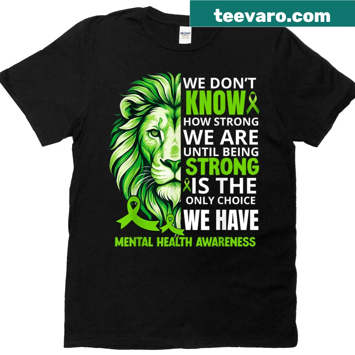 Lion graphic with a green ribbon for mental health awareness — on a men's t-shirt