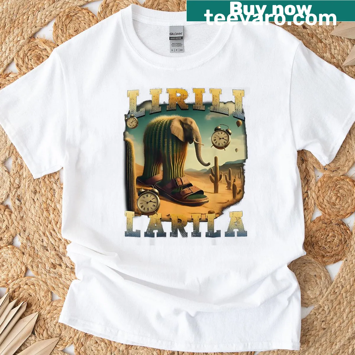 Bold shirt featuring the humorous phrase 'Lirili Larila' in large typography. — on a men's t-shirt