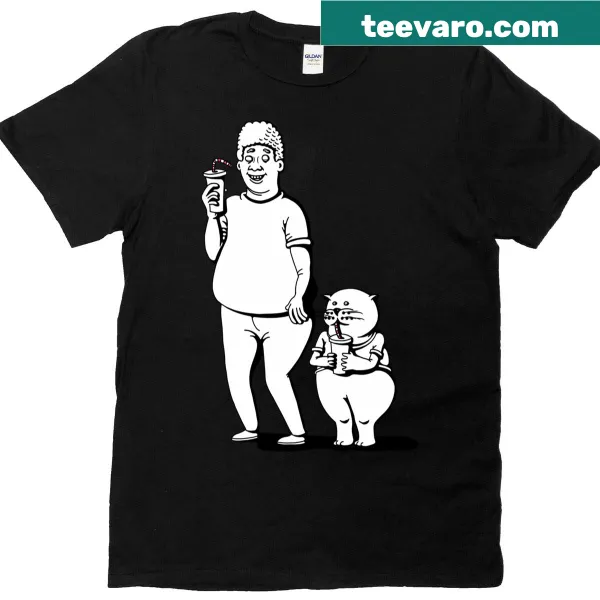 T-shirt featuring a graphic of a man and a cat, symbolizing companionship