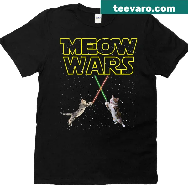 Cat-themed Meow Wars graphic T-shirt for cat lovers