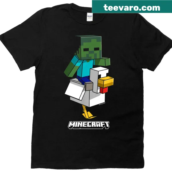 Minecraft-themed t-shirt with a pixelated chicken jockey design