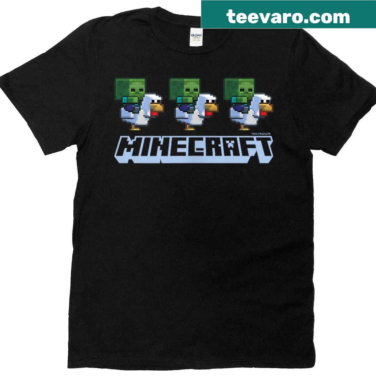 Chibi pixelated Chicken Jockey logo from Minecraft — on a men's t-shirt