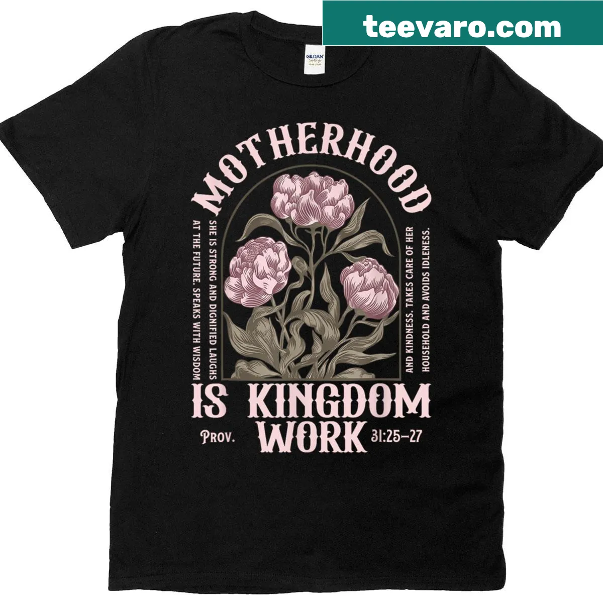 Inspirational t-shirt with 'Motherhood Is Kingdom Work' text for moms. — on a men's t-shirt