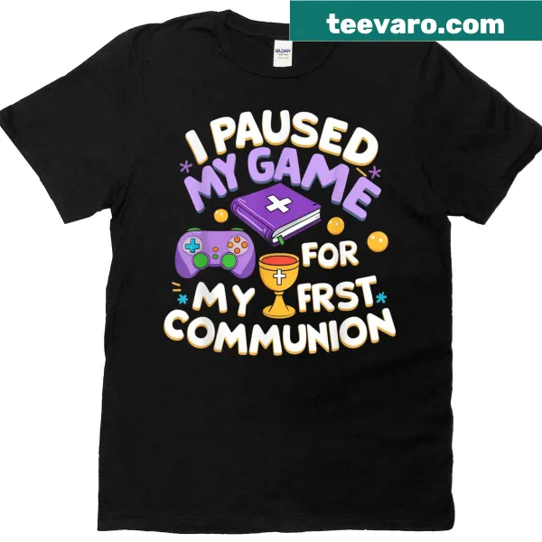 T-shirt for kids with 'My First Communion' and video game controller design.