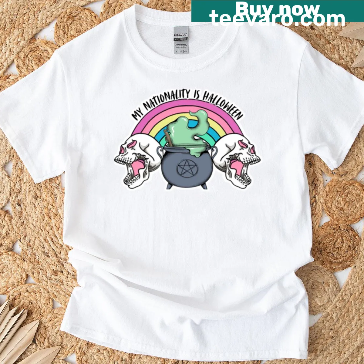 Halloween-themed T-shirt with a cauldron and skull design — on a men's t-shirt