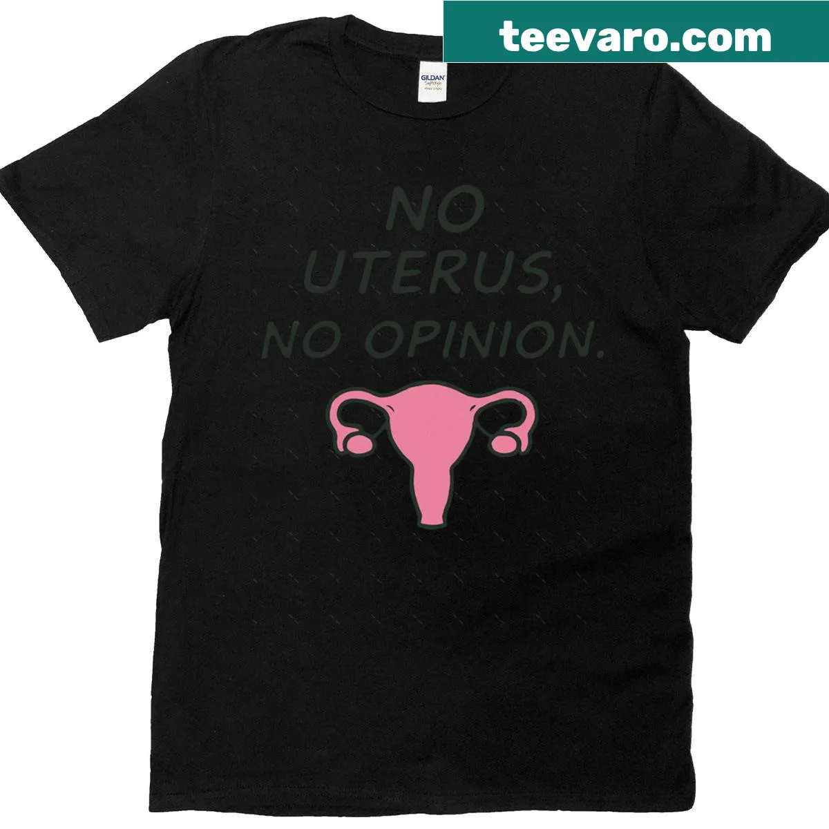 Sarcastic No Uterus No Opinion t-shirt in bold typography — on a men's t-shirt