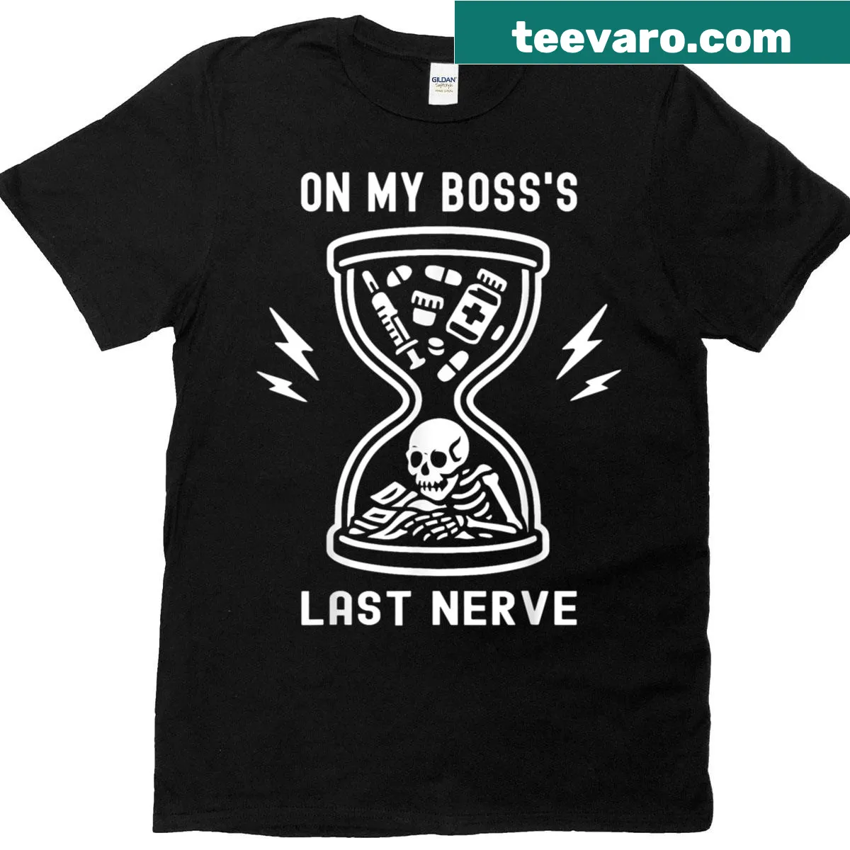 Skeleton nurse graphic with hourglass on T-shirt — on a men's t-shirt
