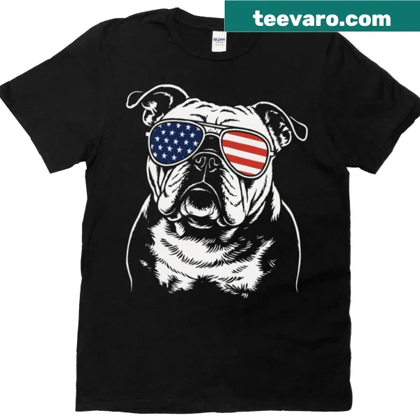 T-shirt featuring an Old English Bulldog with USA pride graphic