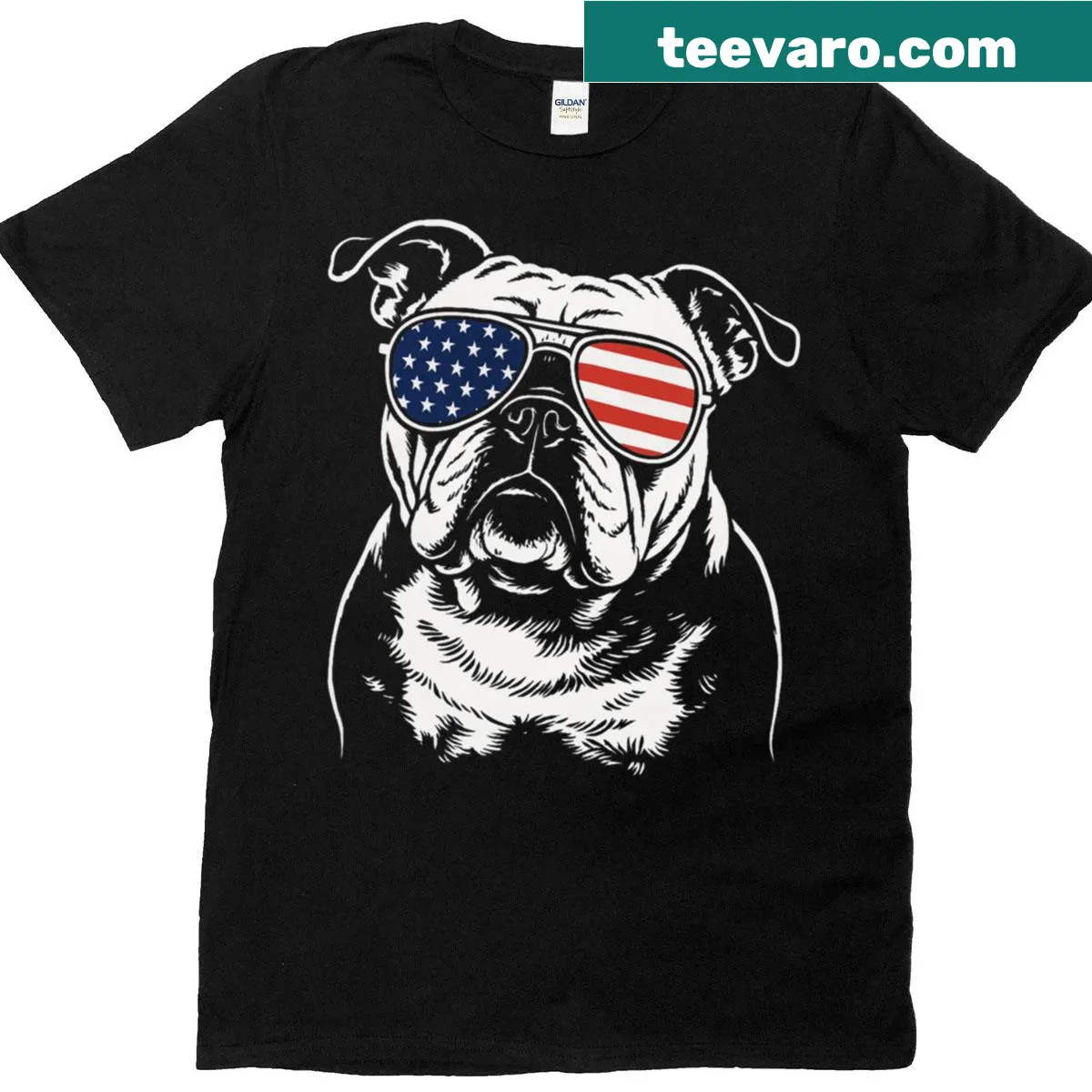 T-shirt featuring an Old English Bulldog with USA pride graphic — on a men's t-shirt