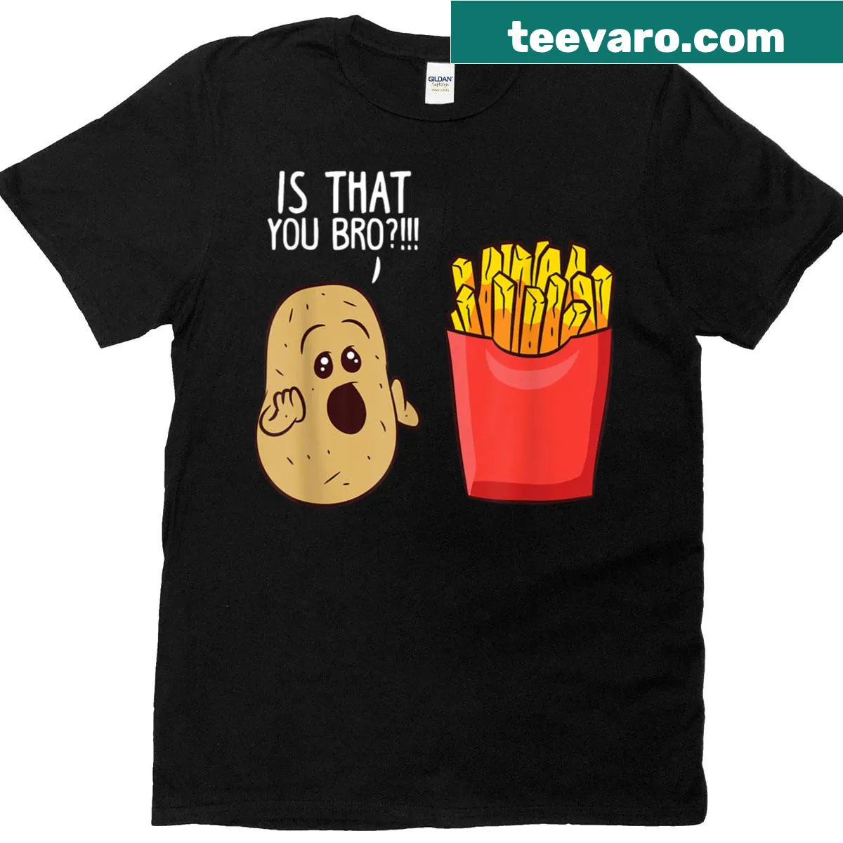 Funny t-shirt with humorous potato and French fries text — on a men's t-shirt
