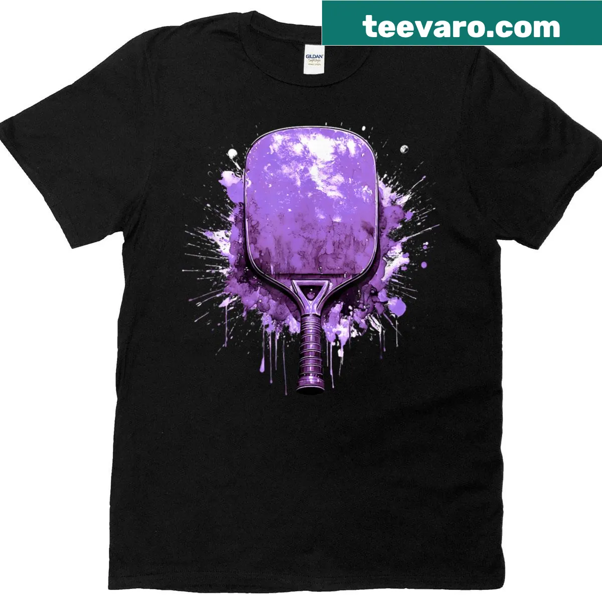 Pickleball t-shirt featuring a purple paddle illustration — on a men's t-shirt