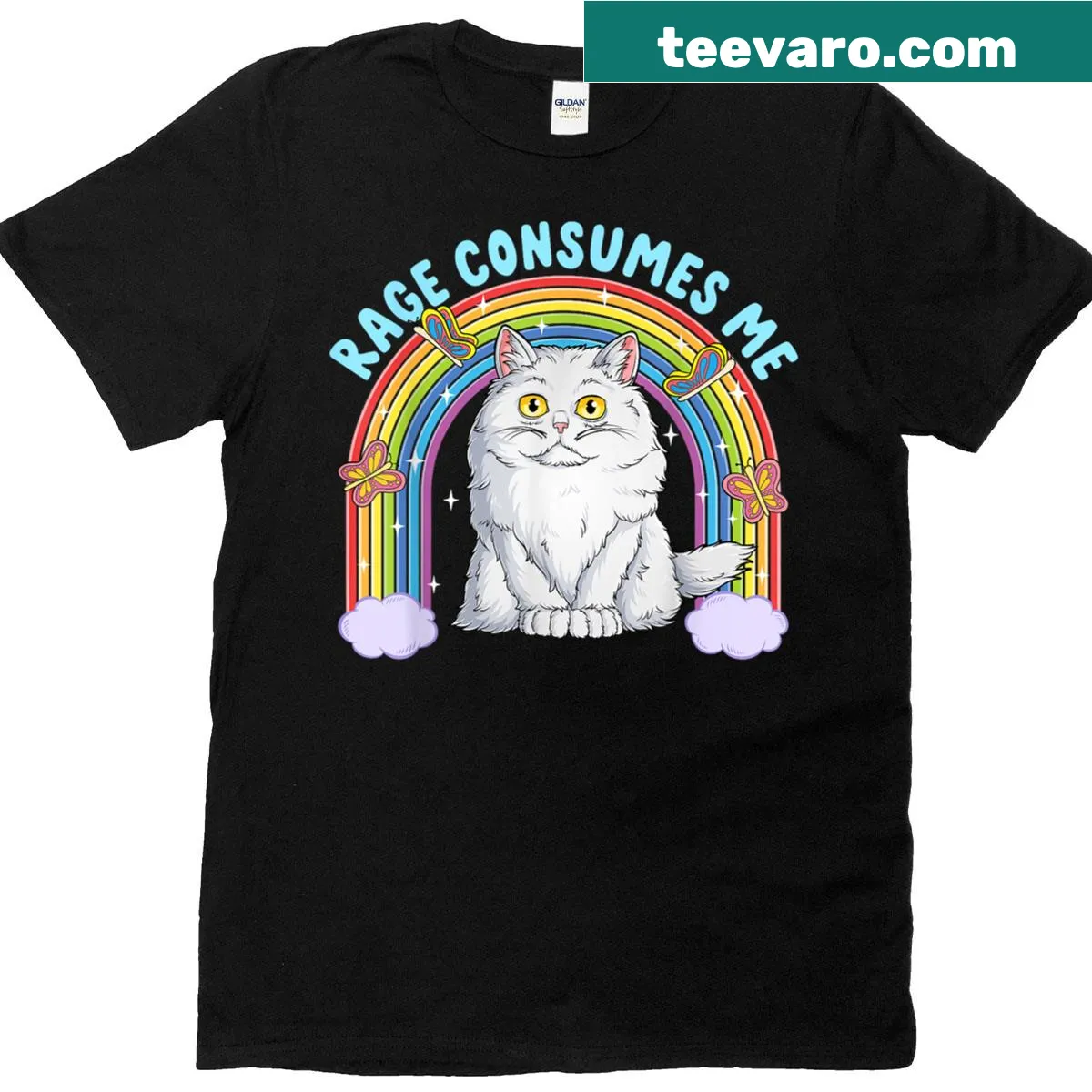 Funny cat meme t-shirt with Rage Consumes Me text — on a men's t-shirt