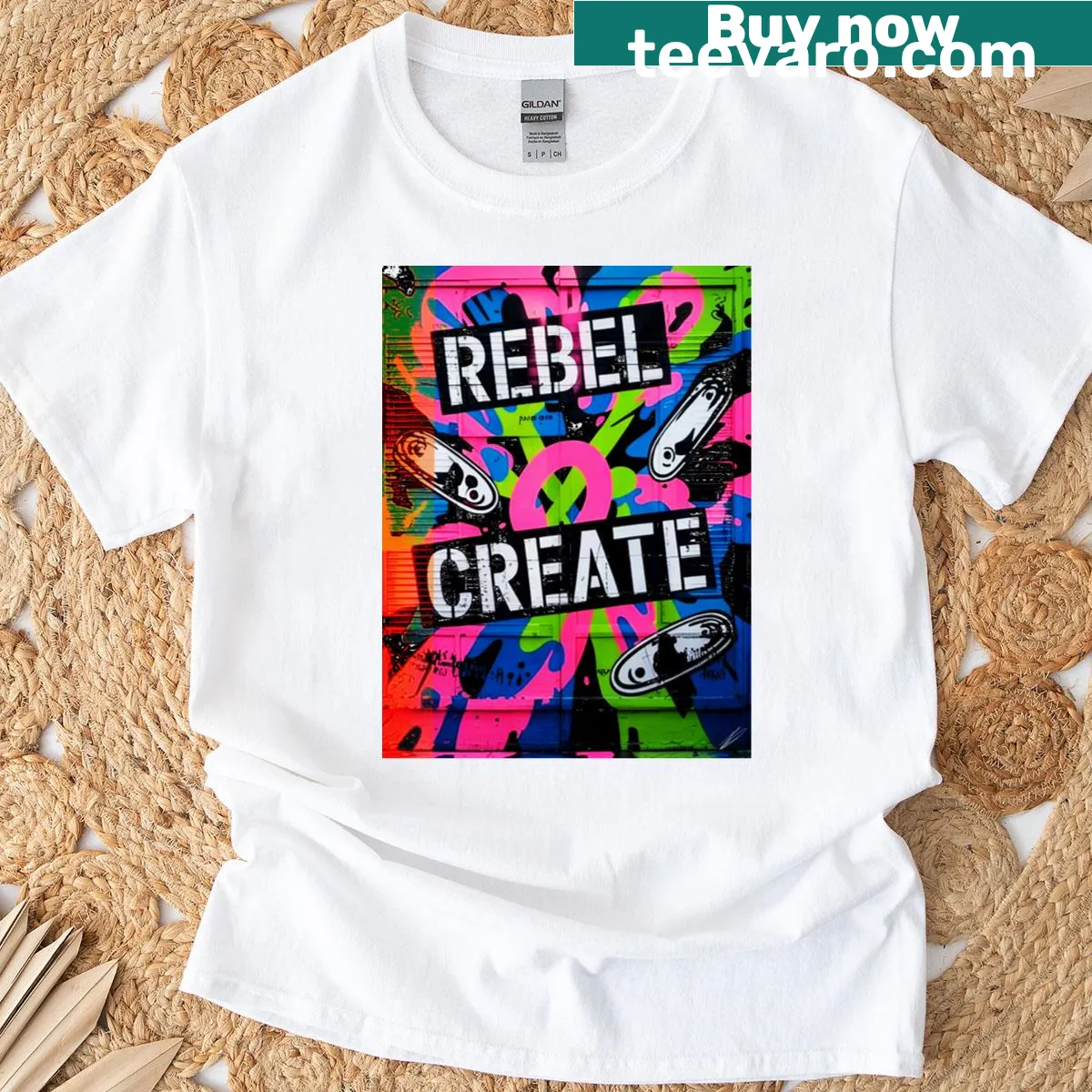 Inspirational t-shirt with the phrase 'Rebel Create' in bold font — on a men's t-shirt