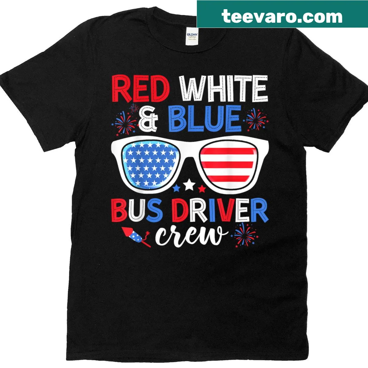 Patriotic t-shirt with a bus driver graphic and 4th of July theme — on a men's t-shirt