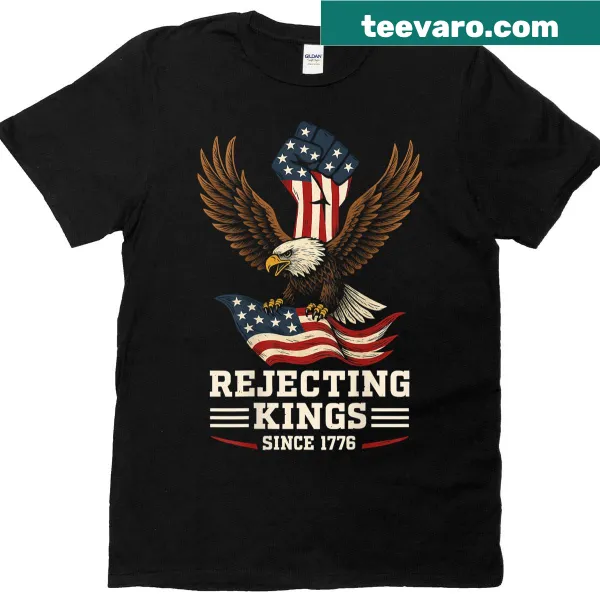Bald eagle graphic t-shirt with 'Rejecting Kings Since 1776' on back