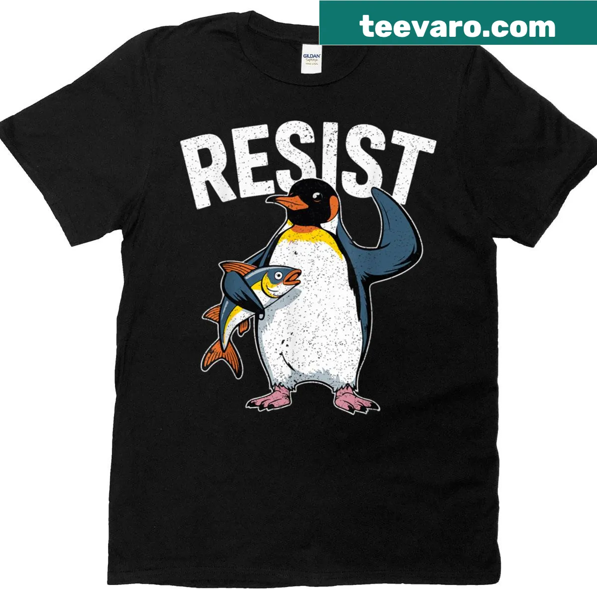 Funny penguin t-shirt with a humorous social commentary design — on a men's t-shirt