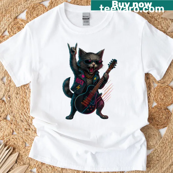Retro t-shirt featuring a funny cat playing guitar