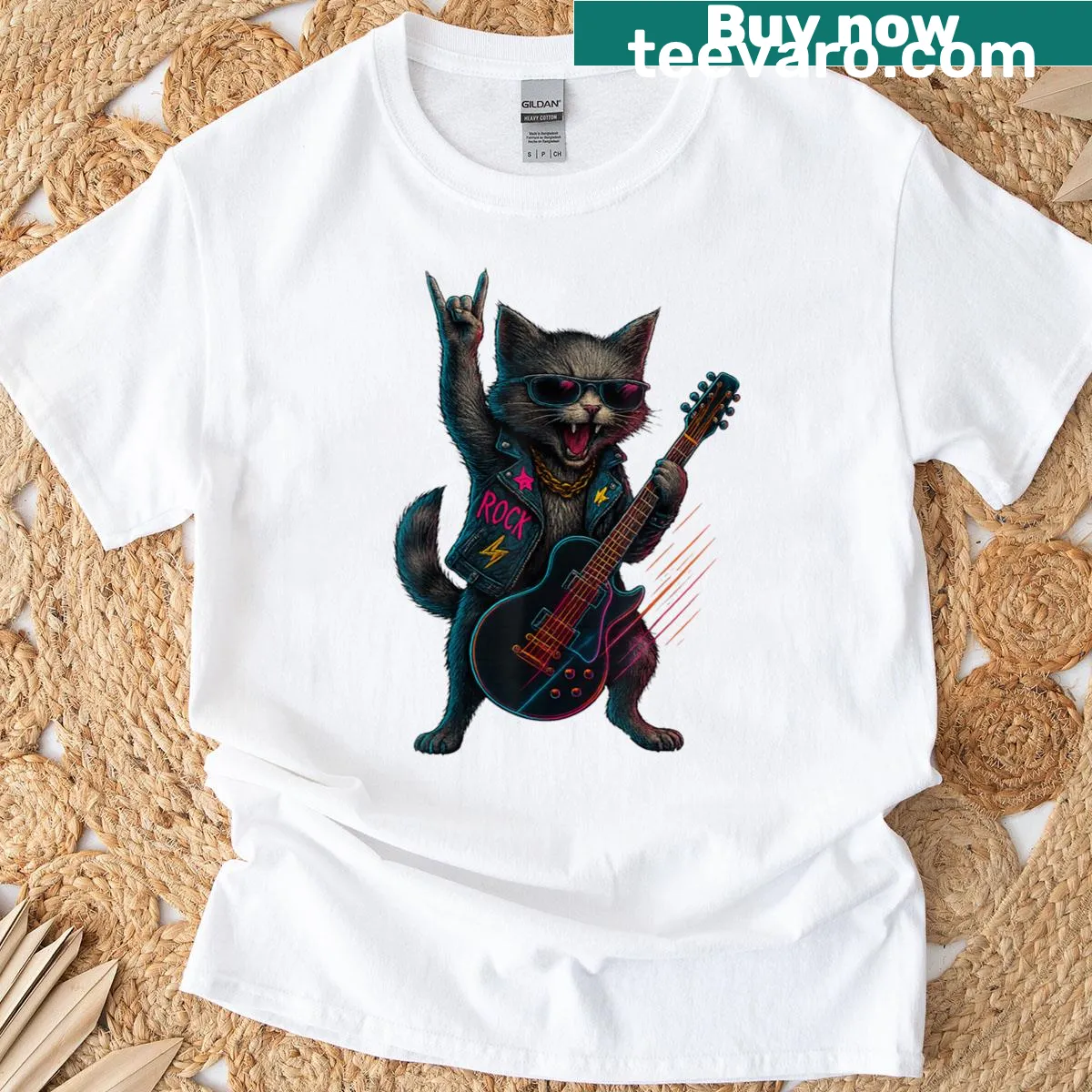 Retro t-shirt featuring a funny cat playing guitar — on a men's t-shirt