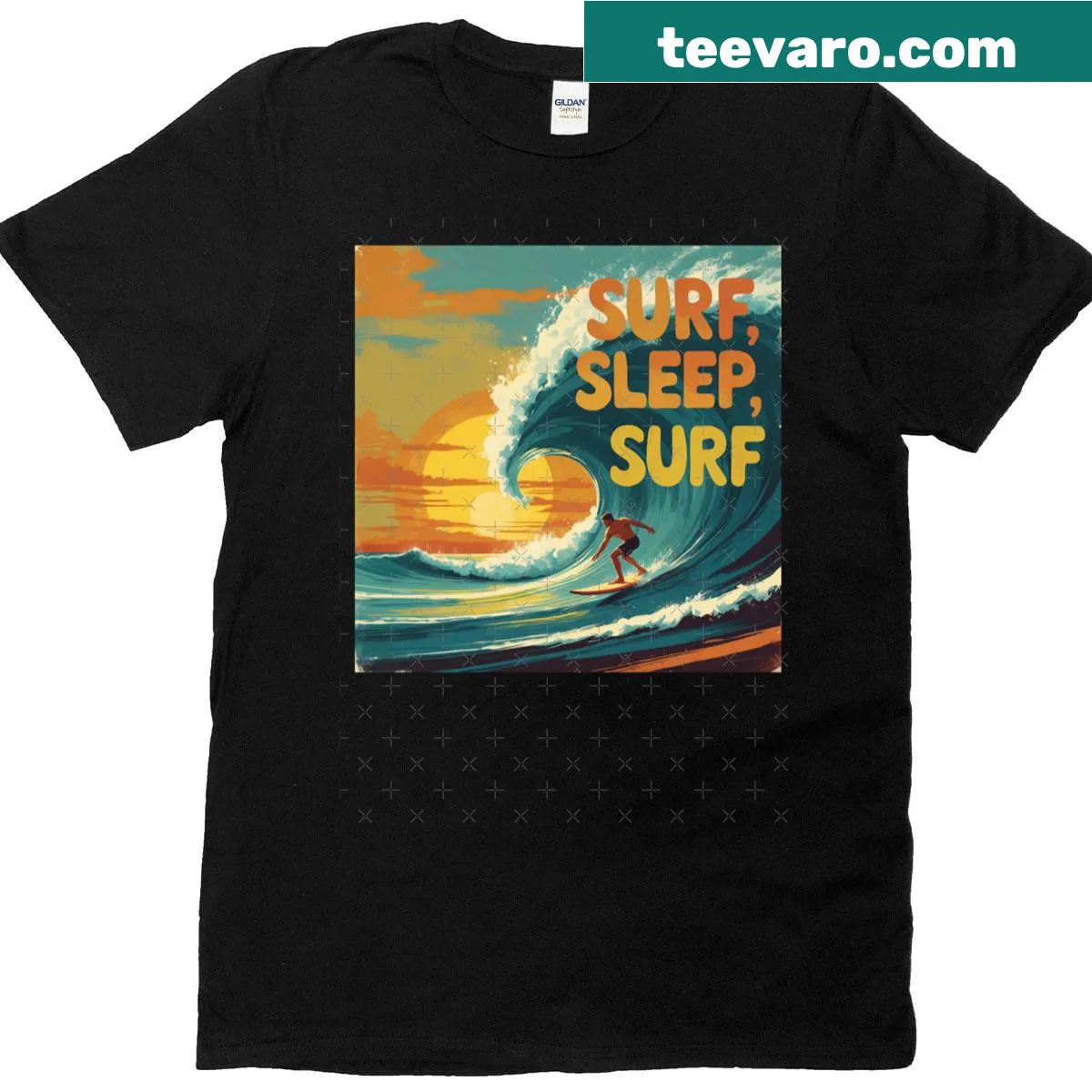T-shirt with surf culture design celebrating sunsets — on a men's t-shirt