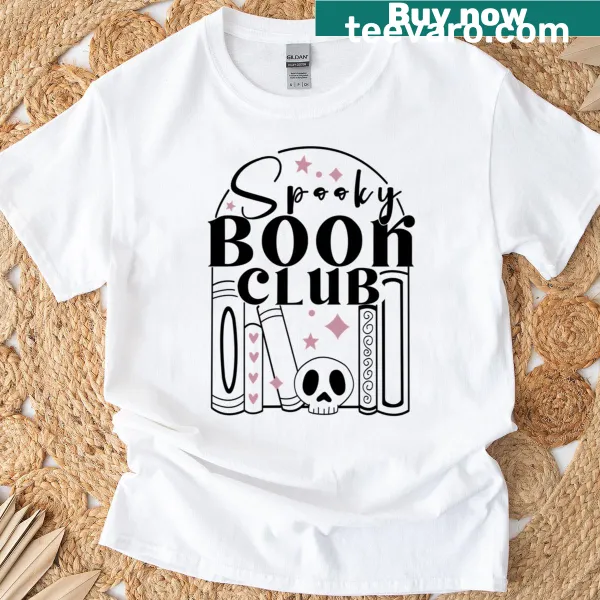 Illustrative t-shirt for spooky book lovers, featuring a gothic design.