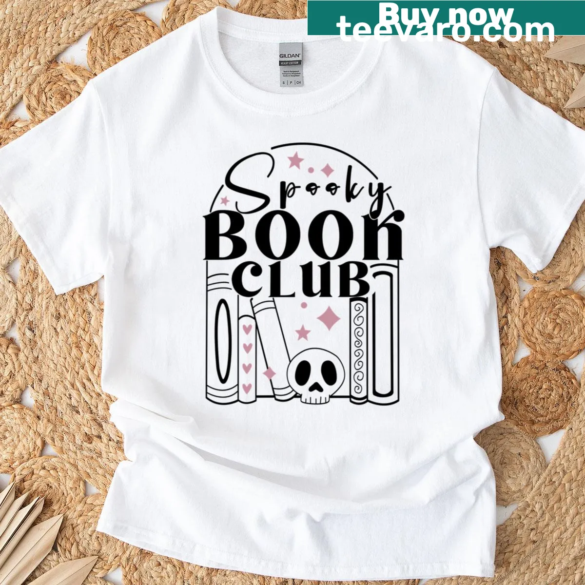 Illustrative t-shirt for spooky book lovers, featuring a gothic design. — on a men's t-shirt