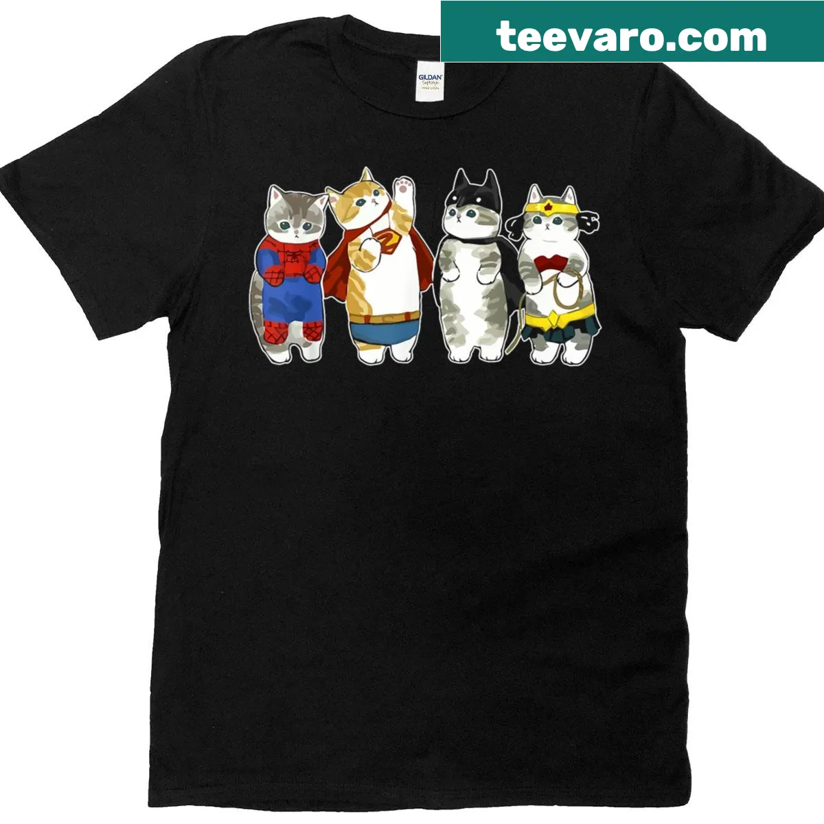 Cartoon T-shirt featuring a cute superhero cat design — on a men's t-shirt