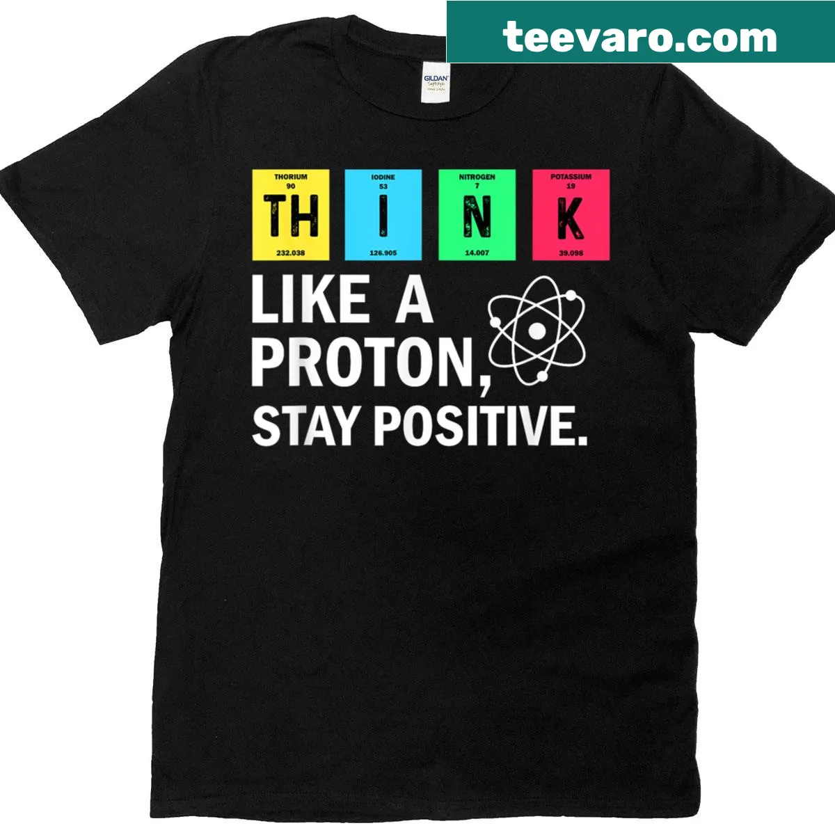 Funny science-themed shirt with the phrase about protons — on a men's t-shirt