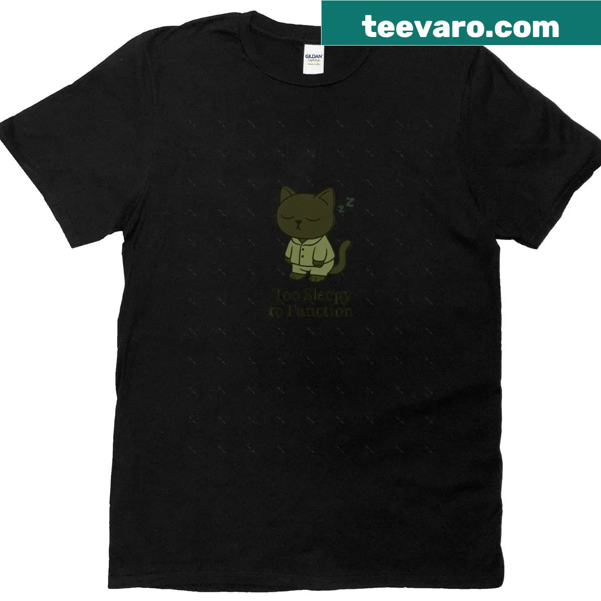 Oversized t-shirt featuring a sleepy cat in pajamas illustration — on a men's t-shirt