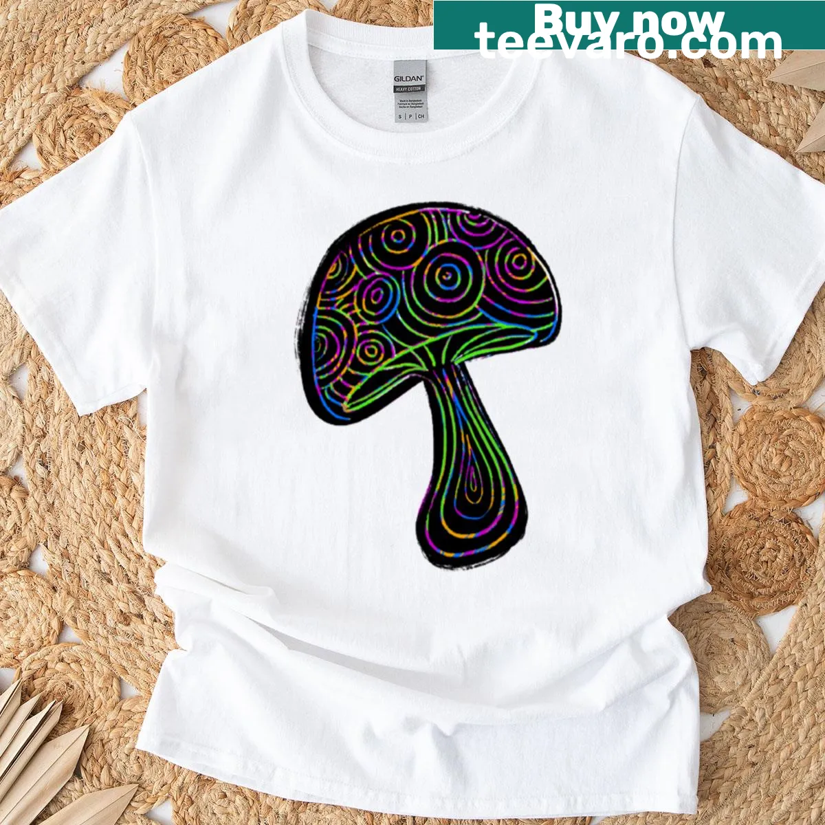 Illustrative t-shirt featuring a trippy mushroom design — on a men's t-shirt