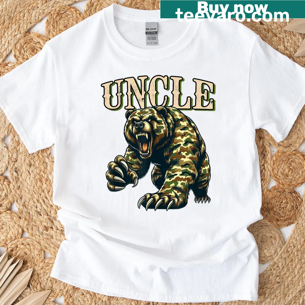 Uncle bear in camo costume graphic on Father's Day T-shirt — on a men's t-shirt