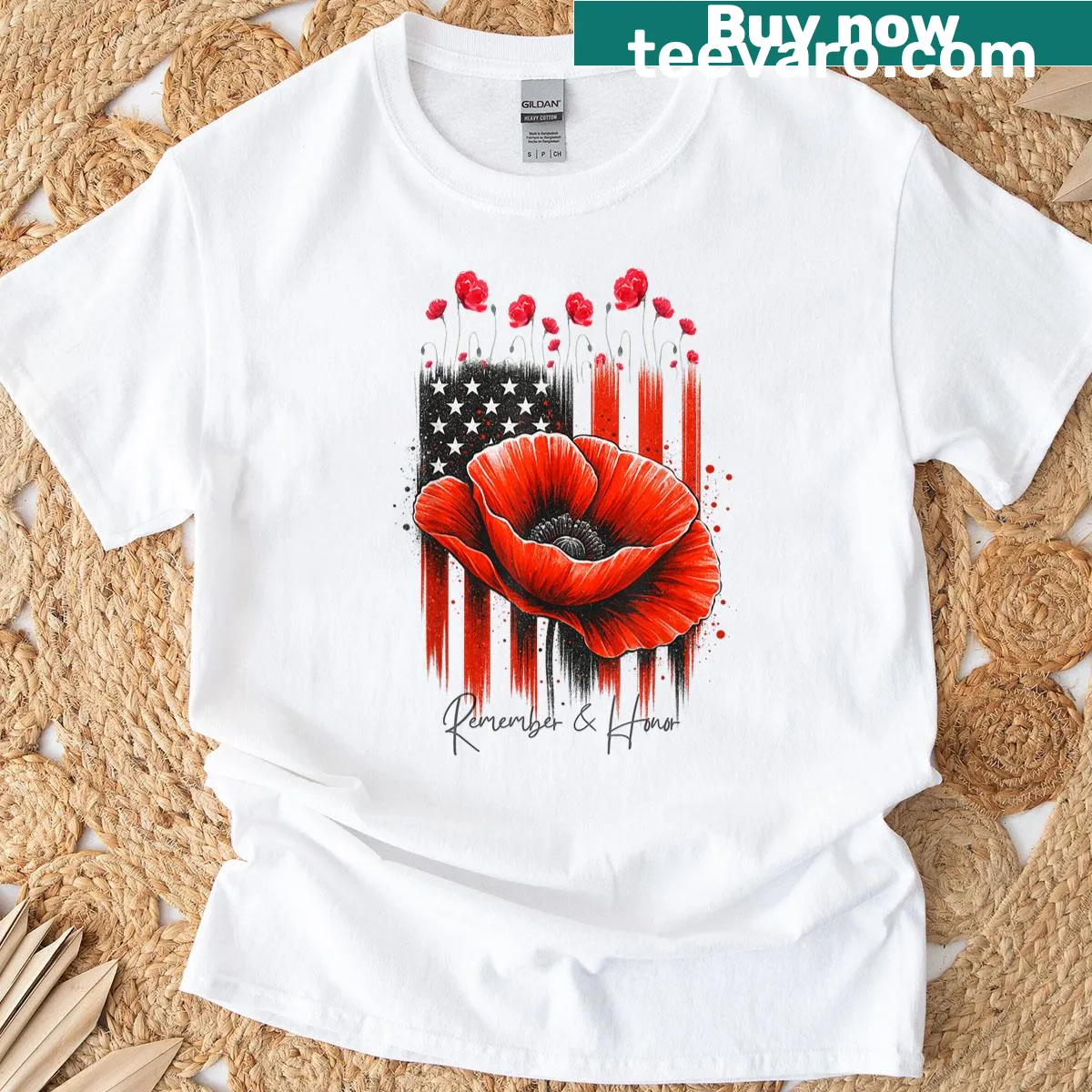Vintage red poppy flower graphic on a military tribute t-shirt — on a men's t-shirt
