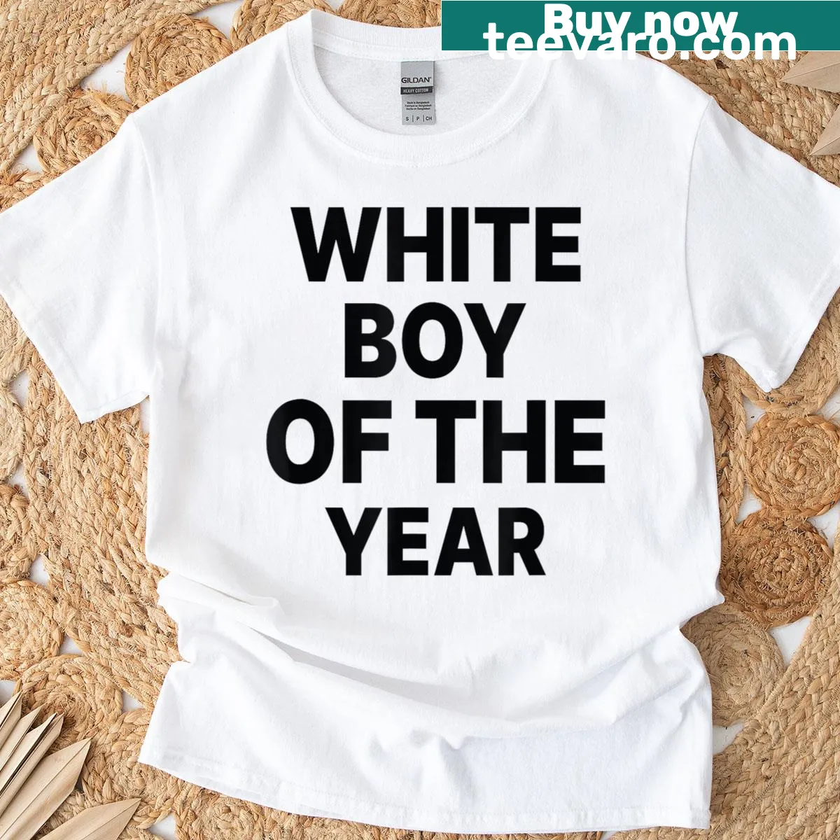 Funny White Boy Of The Year t-shirt with bold text — on a men's t-shirt