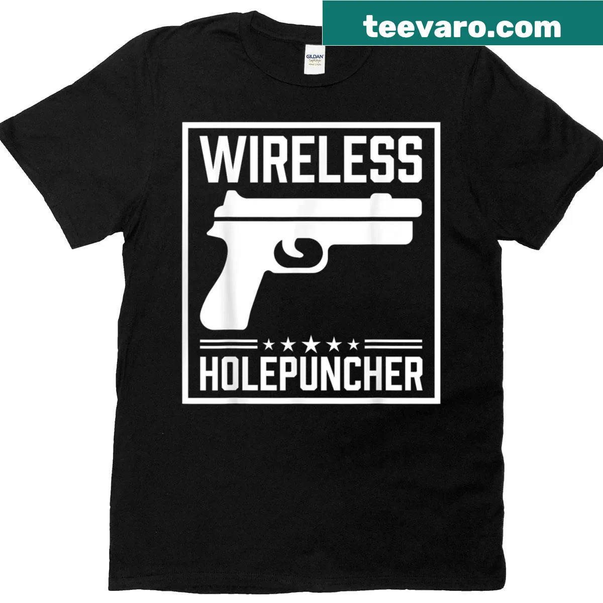 Funny gun meme shirt with a hole puncher graphic — on a men's t-shirt