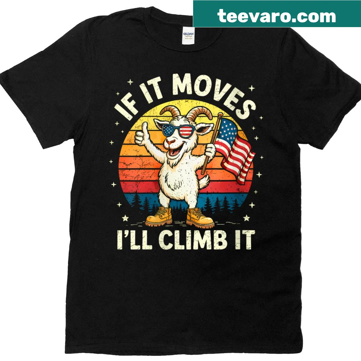 Playful goat design T-shirt for climbing enthusiasts — on a men's t-shirt