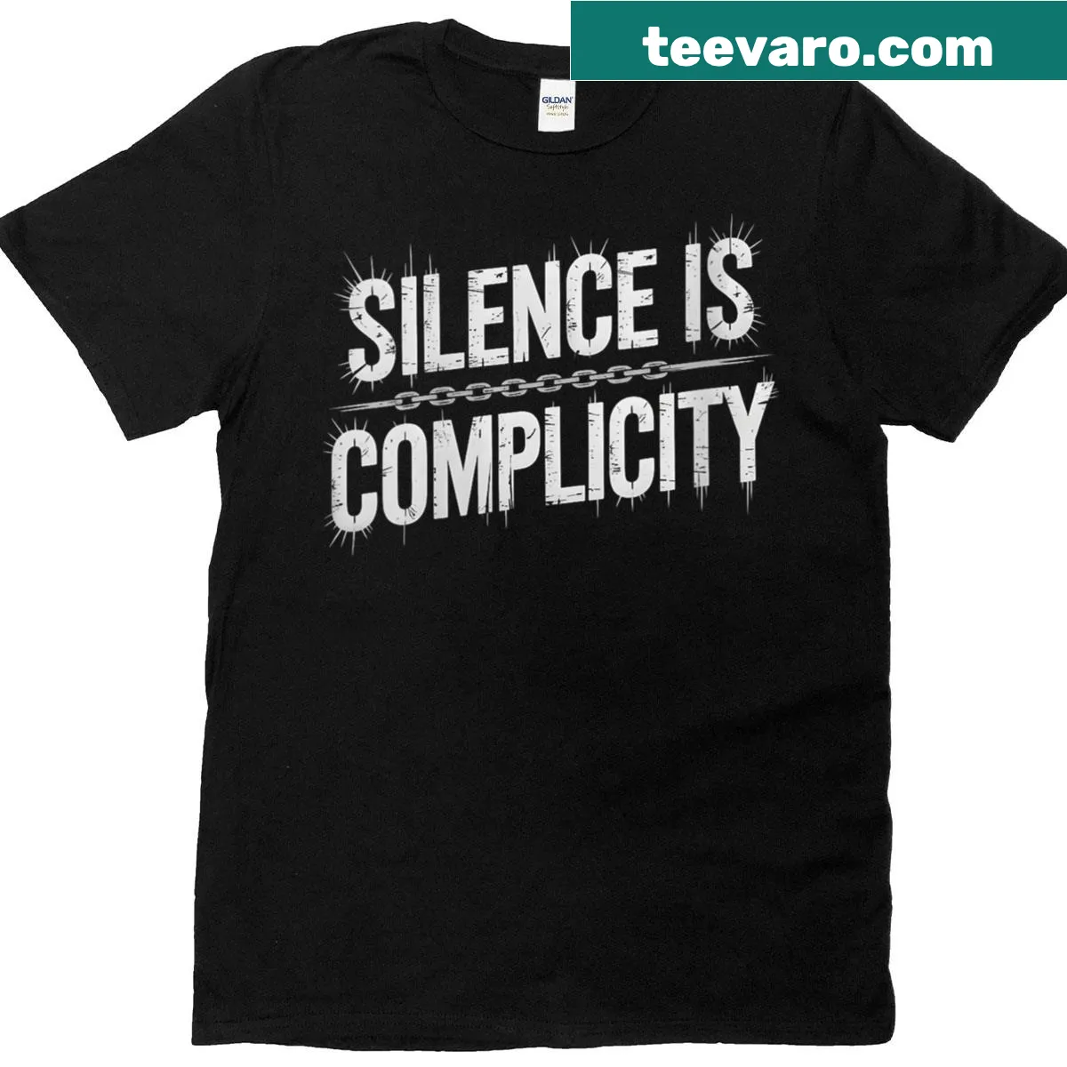 Bold graphic tee with message 'Silence Is Complicity' for social activism — on a men's t-shirt