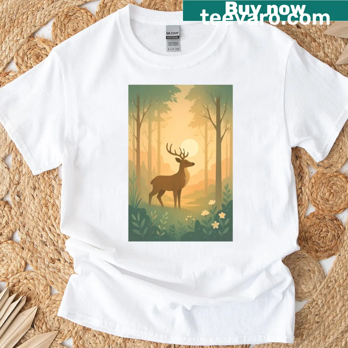 T-shirt featuring a serene woodland illustration — on a men's t-shirt
